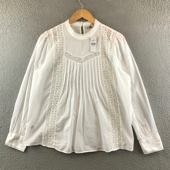 New LOFT White Long Sleeve Blouse Lace Trim Mock Neck Pleated Women's Medium - Picture 1 of 9